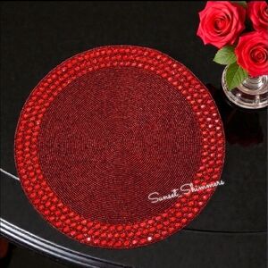 4 TAHARI Valentines Red Jeweled Glass Beaded Charger Placemats 15” Round NEW